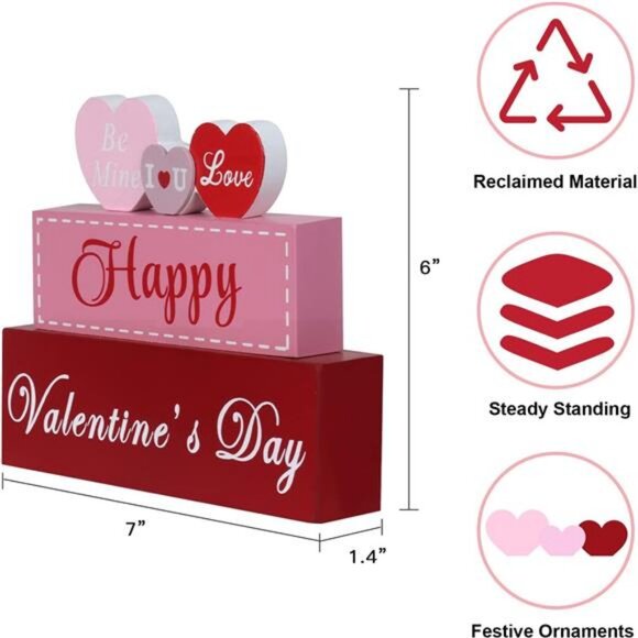 Valentines Day Decor, 3-Layered Pink Red Heart Wood Block Set - Picture 3 of 8